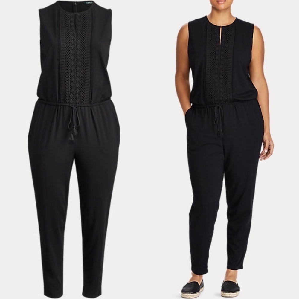Lauren Ralph Lauren Black Crochet Drawstring Waist Straight Leg Jumpsuit